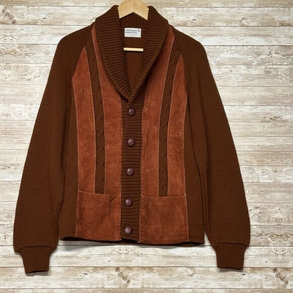Other - 1970s Vintage Brown w Red Suede Front Shawl Cardigan RETRO M Old Grandpa Hipster